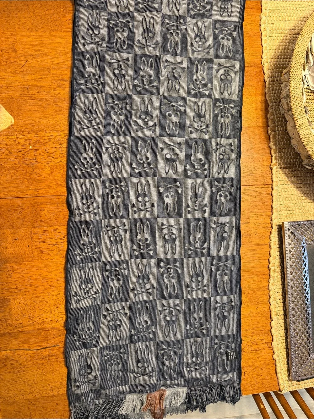 Psycho Bunny Navy & Gray Check Skull Fringe Scarf with Brown Accent